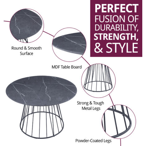 Hallowood Furniture Cullompton Large Round Dining Table with Grey Marble Effect Top and Black Metal Base, Round Marble Dining Table (120cm), 2-4 Seaters Dining Table for Home and Cafe