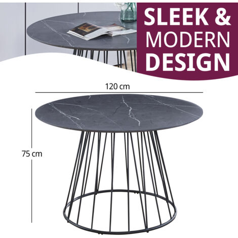 Hallowood Furniture Cullompton Large Round Dining Table with Grey Marble Effect Top and Black Metal Base, Round Marble Dining Table (120cm), 2-4 Seaters Dining Table for Home and Cafe
