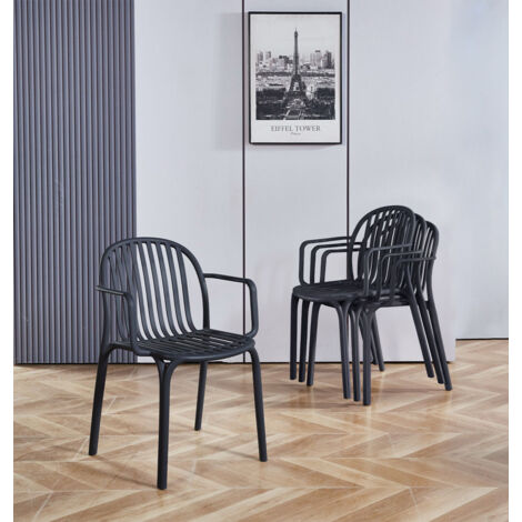 Hallowood Furniture Stoker Stackable Chairs Set of 4 with Arm Support, Black Plastic Armchairs for Home, Pub, Restaurant, Garden and Patio, Perfect for Dining Tables & Outdoor Use