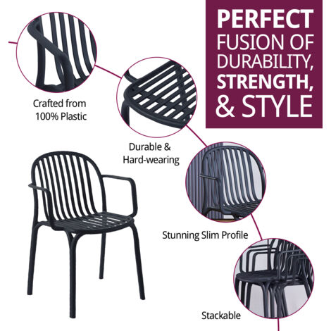 Hallowood Furniture Stoker Stackable Chairs Set of 4 with Arm Support, Black Plastic Armchairs for Home, Pub, Restaurant, Garden and Patio, Perfect for Dining Tables & Outdoor Use