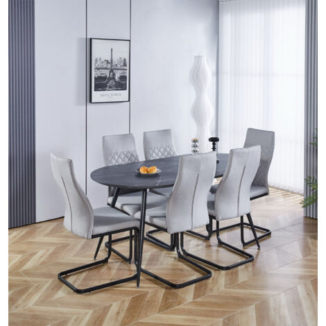 Hallowood Furniture Cullompton Oval Dining Table and Chairs Set 6, Grey Marble Effect 6 Seater Dining Table with Chairs in High-Backrest & Grey Fabric, Modern Dining Set for Home or Café