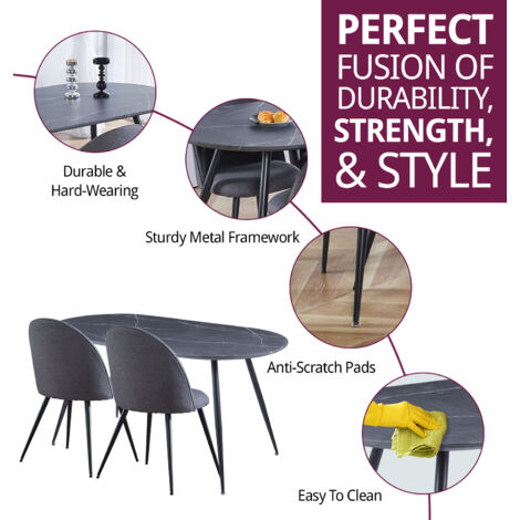 Hallowood Furniture Cullompton Dining Table and Chairs Set of 6, Large Grey Marble Effect Oval Kitchen Table and Curved-back Dark Grey Fabric Chairs, Dining Room Set for Home and Café