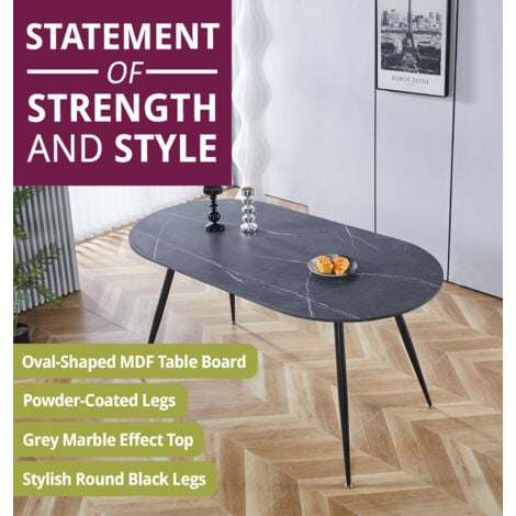 Hallowood Furniture Cullompton Dining Table and Chairs Set of 6, Large Grey Marble Effect Oval Kitchen Table and Curved-back Dark Grey Fabric Chairs, Dining Room Set for Home and Café