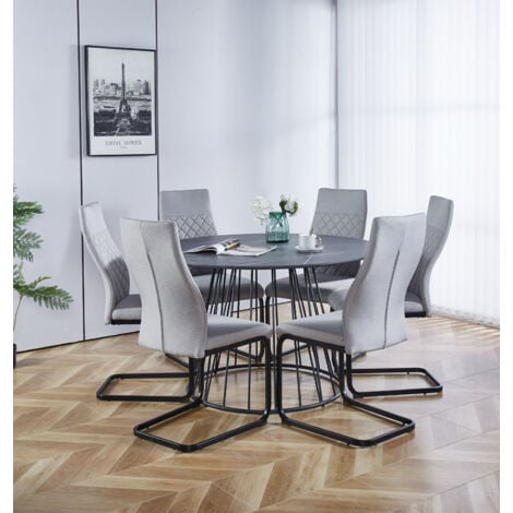 Hallowood Furniture Cullompton Large Round Dining Table and Chairs Set of 6, Grey Marble Effect Top Dining Table with High Backrest Grey Fabric Chairs, Dining Table Set for Home and Café