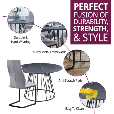 Hallowood Furniture Cullompton Large Round Dining Table and Chairs Set of 6, Grey Marble Effect Top Dining Table with High Backrest Grey Fabric Chairs, Dining Table Set for Home and Café