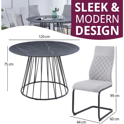 Hallowood Furniture Cullompton Large Round Dining Table and Chairs Set of 6, Grey Marble Effect Top Dining Table with High Backrest Grey Fabric Chairs, Dining Table Set for Home and Café