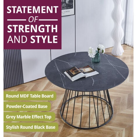 Hallowood Furniture Cullompton Large Round Dining Table and Chairs Set of 6, Grey Marble Effect Top Dining Table with High Backrest Grey Fabric Chairs, Dining Table Set for Home and Café