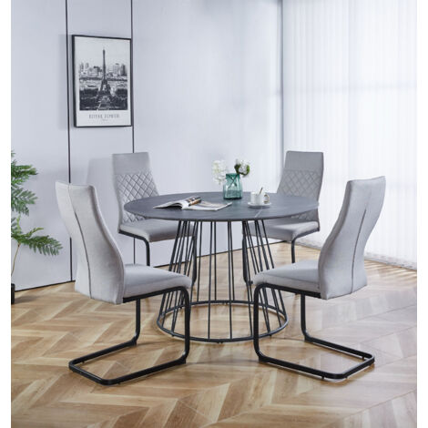 Hallowood Furniture Cullompton Dining Table and Chairs Set 4, Round Dining Table 120cm in Grey Marble Effect Top and High Backrest Grey Fabric Chairs, Perfect for Home and Café