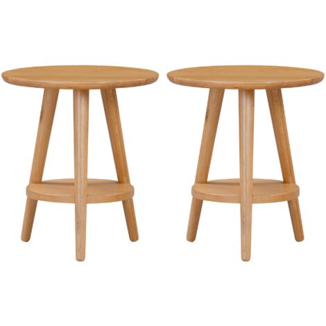 Hallowood Furniture Waverly Oak Round Side Table Set of 2, Wooden Bedside Table, Lamp Table with Shelf, Small Coffee Table, Occasional Table, Plant Stand, End Table for Living Room
