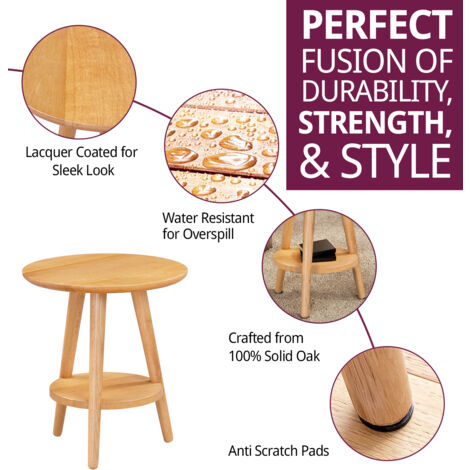 Hallowood Furniture Waverly Oak Round Side Table Set of 2, Wooden Bedside Table, Lamp Table with Shelf, Small Coffee Table, Occasional Table, Plant Stand, End Table for Living Room