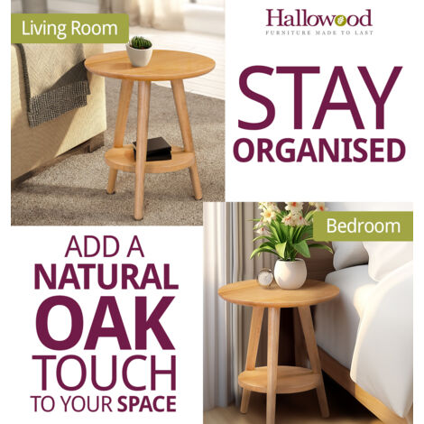 Hallowood Furniture Waverly Oak Round Side Table Set of 2, Wooden Bedside Table, Lamp Table with Shelf, Small Coffee Table, Occasional Table, Plant Stand, End Table for Living Room