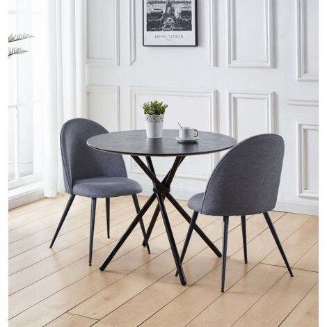 Hallowood Furniture Cullompton Small Dining Table and 2 Chairs Set, Round Table and 2 Chairs in Curved-back Grey Fabric and Black Wooden Effect Top, Dining Room Sets for Home or Café (1/5)