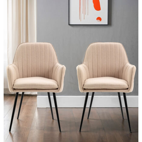 Hallowood Furniture Cullompton Dining Chairs Set of 2, Upholstered Light Brown Fabric Dining Chairs with Armrests and Sturdy Black Metal Legs for Home, Office and Cafe (1/5)