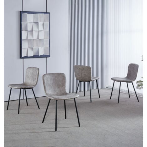 Hallowood Furniture Cullompton Dining Chairs Set of 4, Modern Upholstered Grey Faux Leather Dining Chairs with Solid Back and Sturdy Black Metal Legs for Home, Office and Cafe