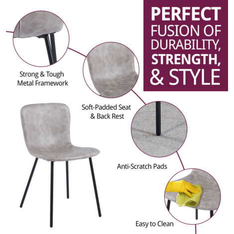 Hallowood Furniture Cullompton Dining Chairs Set of 4, Modern Upholstered Grey Faux Leather Dining Chairs with Solid Back and Sturdy Black Metal Legs for Home, Office and Cafe