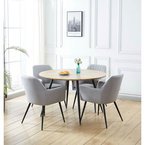 Hallowood Furniture Cullompton Dining Table and Chairs Set 4 with Arm Support, Light Oak Effect Top Large Round Table and Upholstered Grey Fabric Armed Chairs for Home or Café, Dining Room Sets (1/5)