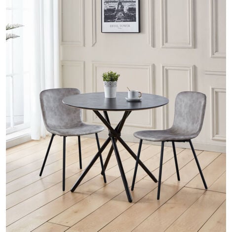 Hallowood Furniture Cullompton Small Round Dining Table and Chairs Set 2, Black Wooden Effect Kitchen Table with Grey Leather Effect Dining Chairs, Dining Room Set for Home and Café