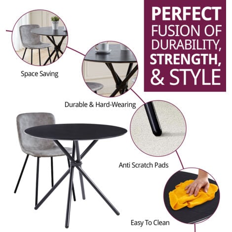 Hallowood Furniture Cullompton Small Round Dining Table and Chairs Set 2, Black Wooden Effect Kitchen Table with Grey Leather Effect Dining Chairs, Dining Room Set for Home and Café