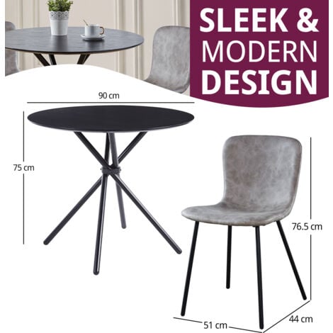 Hallowood Furniture Cullompton Small Round Dining Table and Chairs Set 2, Black Wooden Effect Kitchen Table with Grey Leather Effect Dining Chairs, Dining Room Set for Home and Café
