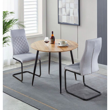 Hallowood Furniture Cullompton Dining Table and Chairs Set 2, Brown Oak Effect Top Small Round Kitchen Table and 2 Chairs in High Back, Grey Fabric Upholstery and Metal Legs for Home, Office & Café