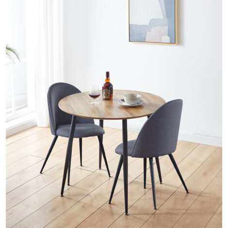Hallowood Furniture Cullompton Small Dining Table and Chairs Set 2, Brown Oak Effect Top Kitchen Round Table and 2 Chairs in Curved-Back, Grey Fabric Upholstery and Metal Legs for Home, Office & Café (1/5)
