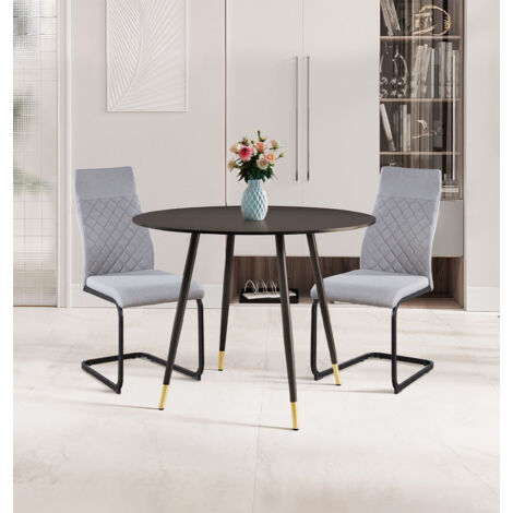 Hallowood Furniture Finley Small Round Dining Table and Chairs Set of 2, Black Round Dining Table and Two High Back Light Grey Chairs, Modern Kitchen Set Perfect for Home, Office and Café (1/5)