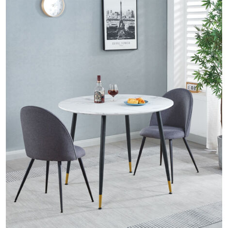 Hallowood Furniture Finley Small Dining Table and 2 Chairs Set, Round White Marble Effect Kitchen Table and Chairs Set 2 with Dark Grey Fabric Chairs, Perfect for Home & Café (1/5)