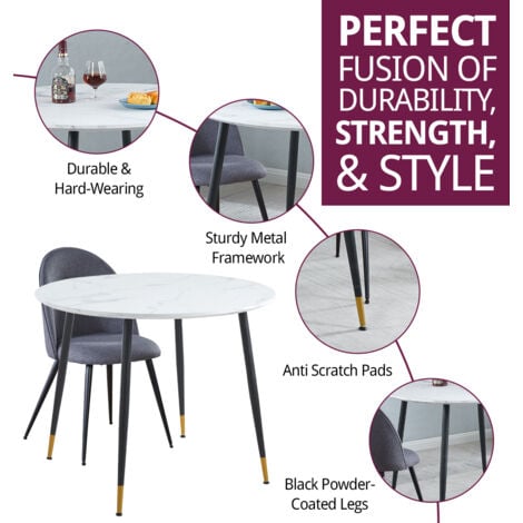 Hallowood Furniture Finley Small Round Dining Table and Chairs Set of 4, White Marble Effect Kitchen Table and Dark Grey Curved Back Chairs, Dining Table Set for Home, Office and Café