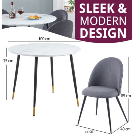 Hallowood Furniture Finley Small Round Dining Table and Chairs Set of 4, White Marble Effect Kitchen Table and Dark Grey Curved Back Chairs, Dining Table Set for Home, Office and Café