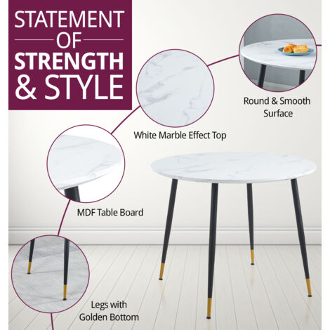 Hallowood Furniture Finley Small Round Dining Table and Chairs Set of 4, White Marble Effect Kitchen Table and Dark Grey Curved Back Chairs, Dining Table Set for Home, Office and Café