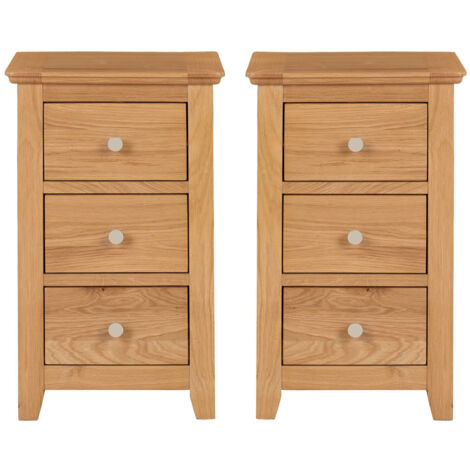 Hallowood Furniture Hereford Oak 3 Drawer Bedside Tables Set of 2, Solid Wooden Slim Bedside Cabinets, Pre-Assembled Side Table, Small and Narrow Chest of Drawers for Bedroom or Living Room