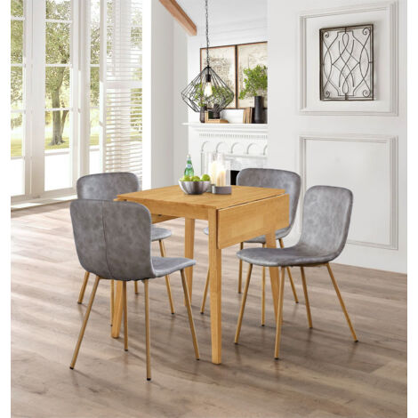 Hallowood Furniture Ledbury Drop Leaf Table and Chairs, Light Oak Kitchen Table and Chairs Set 4 in Taupe Faux Leather and Oak Effect Metal Legs, Space-Saving Dining Set for Home or Café (1/5)