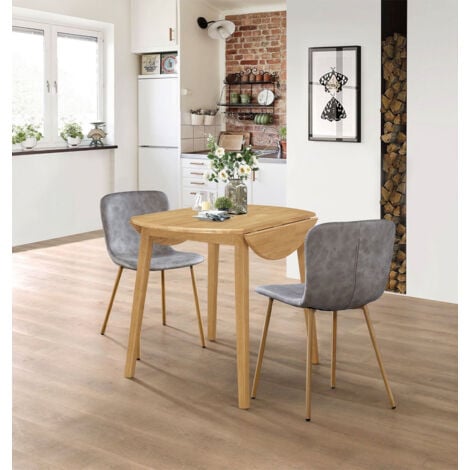Hallowood Furniture Ledbury Small Dining Table and 2 Chairs, Round Drop Leaf Table and Taupe Leather Effect Chairs, Wooden Folding Table and Chairs in Light Oak, Dining Room Set