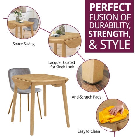 Hallowood Furniture Ledbury Small Dining Table and 2 Chairs, Round Drop Leaf Table and Taupe Leather Effect Chairs, Wooden Folding Table and Chairs in Light Oak, Dining Room Set