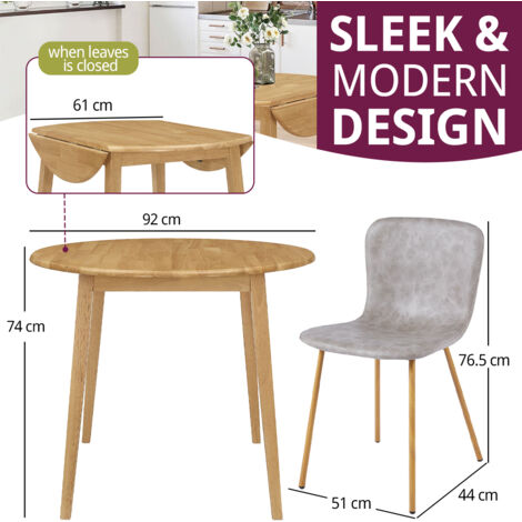 Hallowood Furniture Ledbury Small Dining Table and 2 Chairs, Round Drop Leaf Table and Taupe Leather Effect Chairs, Wooden Folding Table and Chairs in Light Oak, Dining Room Set