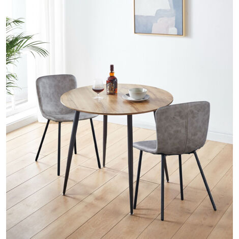 Hallowood Furniture Cullompton Small Round Dining Table and Chairs Set 2, Brown Oak Effect Top Kitchen Table and 2 Chairs in Upholstered Taupe Faux Leather with Metal Legs for Home, Office & Café