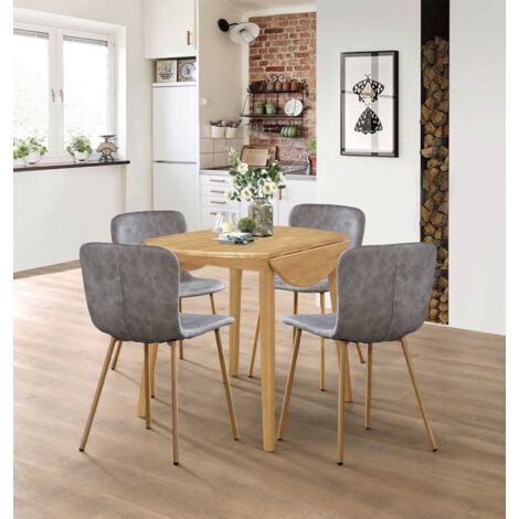 Hallowood Furniture Ledbury Small Dining Table and 4 Chairs, Round Drop Leaf Table and Taupe Leather Effect Chairs, Wooden Folding Table and Chairs in Light Oak, Dining Room Set