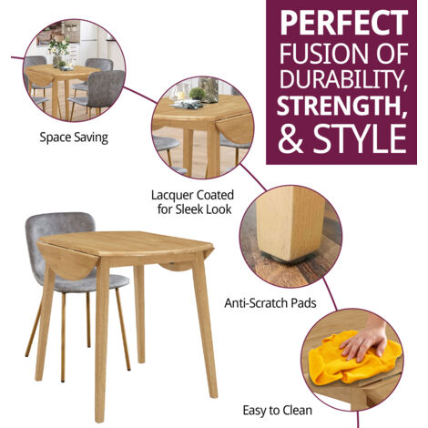 Hallowood Furniture Ledbury Small Dining Table and 4 Chairs, Round Drop Leaf Table and Taupe Leather Effect Chairs, Wooden Folding Table and Chairs in Light Oak, Dining Room Set