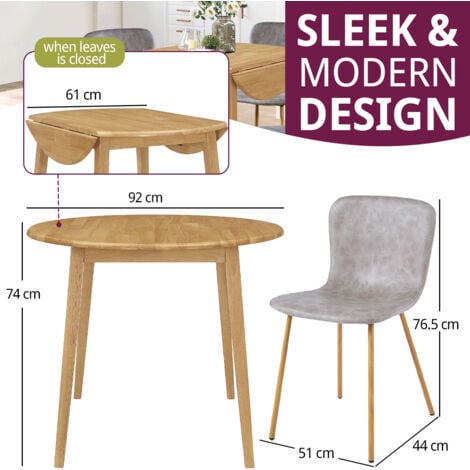 Hallowood Furniture Ledbury Small Dining Table and 4 Chairs, Round Drop Leaf Table and Taupe Leather Effect Chairs, Wooden Folding Table and Chairs in Light Oak, Dining Room Set