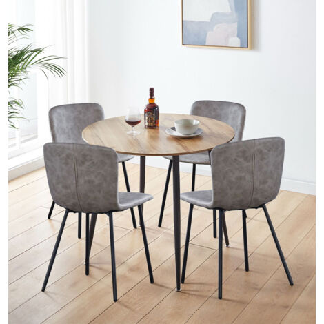 Hallowood Furniture Cullompton Small Round Dining Table and Chairs Set 4, Brown Oak Effect Top Kitchen Table and Chairs in Upholstered Taupe Faux Leather with Metal Legs for Home, Office & Café (1/5)