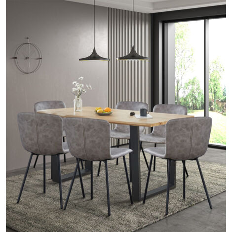 Hallowood Furniture Cullompton Large Dining Table and Chairs Set of 6, Live Edge Effect 6 Seater Dining Table with U-Shaped Legs, and Six Taupe Faux Leather Chairs, Kitchen Set for Home and Cafe (1/5)