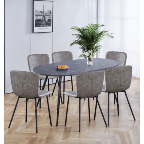 Hallowood Furniture Cullompton Large Dining Table and Chairs Set of 6, Grey Marble Effect Oval Dining Table and Taupe Leather Effect Chairs, Dining Table Set for Home and Cafe