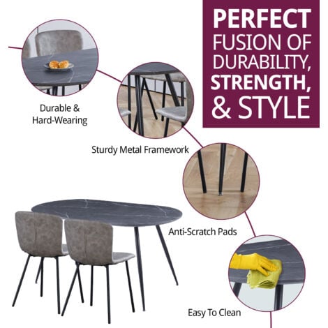Hallowood Furniture Cullompton Large Dining Table and Chairs Set of 6, Grey Marble Effect Oval Dining Table and Taupe Leather Effect Chairs, Dining Table Set for Home and Cafe