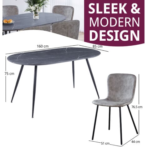 Hallowood Furniture Cullompton Large Dining Table and Chairs Set of 6, Grey Marble Effect Oval Dining Table and Taupe Leather Effect Chairs, Dining Table Set for Home and Cafe