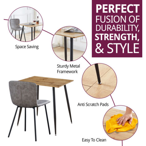 Hallowood Furniture Cullompton Small Dining Table and Chairs Set 2, Oak Effect Top Kitchen Table and Grey Leather Effect Chairs, Dinner Table and Chairs, Dining Room Set for Home and Café