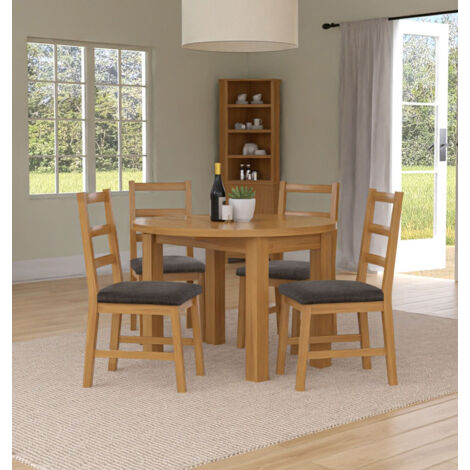 Hallowood Furniture Waverly Oak Small Round Dining Table and Chairs Set 4, Solid Wooden Drop Leaf Table Table and Chairs with Ladder Back and Charcoal Fabric Padded Seats for Home and Café (1/5)
