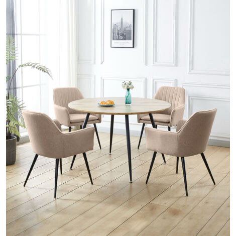 Hallowood Furniture Cullompton Large Round Dining Table and Chairs Set 4, Oak Effect Kitchen Table and Dining Chairs with Arm Support in Cream Fabric Upholstery, Café and Home Kitchen Furniture (1/5)