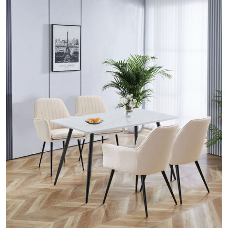 Hallowood Furniture Cullompton 4 Seater Dining Table and Chairs with Armrests, 120cm White Marble Effect Kitchen Table and Chairs Set 4 in Beige Fabric, Dining Room Sets for Home or Cafe