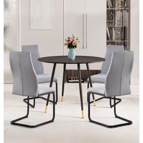 Hallowood Furniture Finley Small Round Black Dining Table and Chairs Set of 4, Black Round Table and Light Grey High Back Chairs, Modern Dining Table Set for Home, Office and Café (1/5)