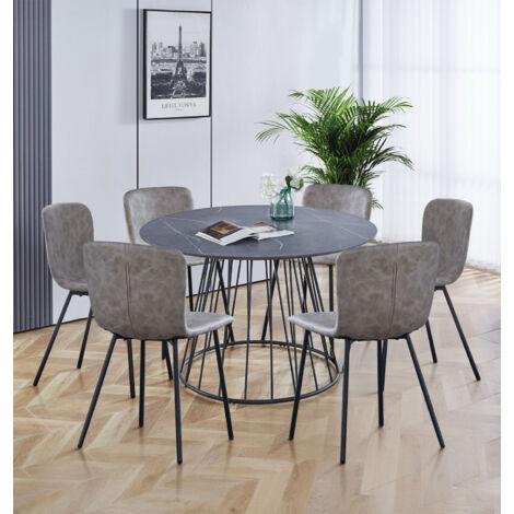 Hallowood Furniture Cullompton Large Dining Table and Chairs Set 6, Grey Marble Effect Round Table with 6 Taupe Leather Effect Chairs, Modern Kitchen Set for Home, Apartments and Cafe (1/5)